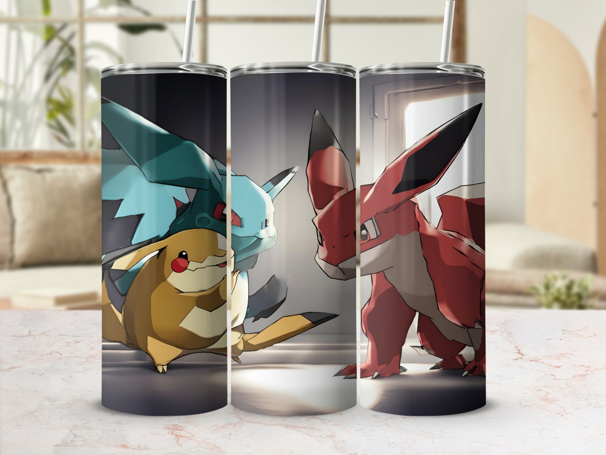 Pikachu and two dragon-like Pokémon face each other on a tumbler.