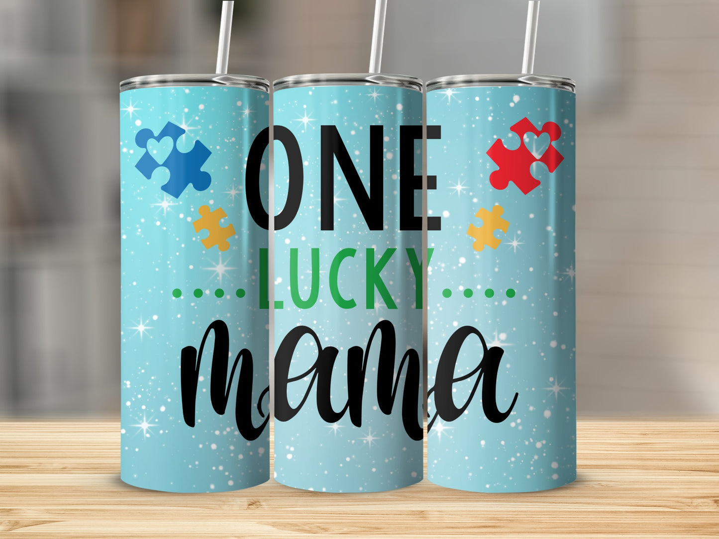 One Lucky Mama Tumbler with Puzzle Pieces Design