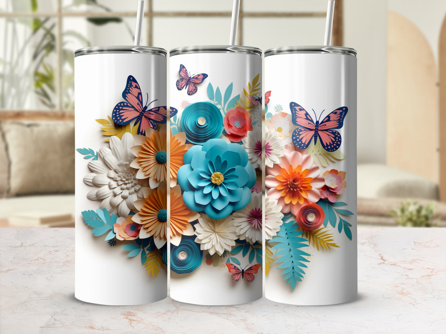 Colorful Floral Pattern with Butterflies Tumbler