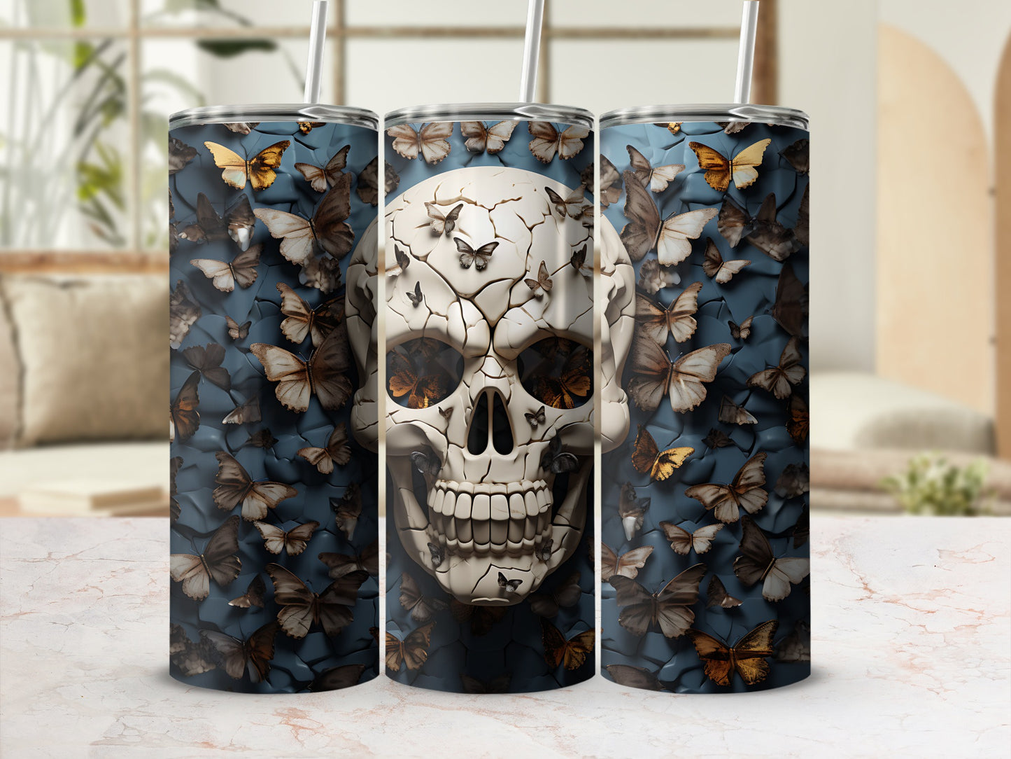 Skull design with butterflies on a tumbler, blurred background.