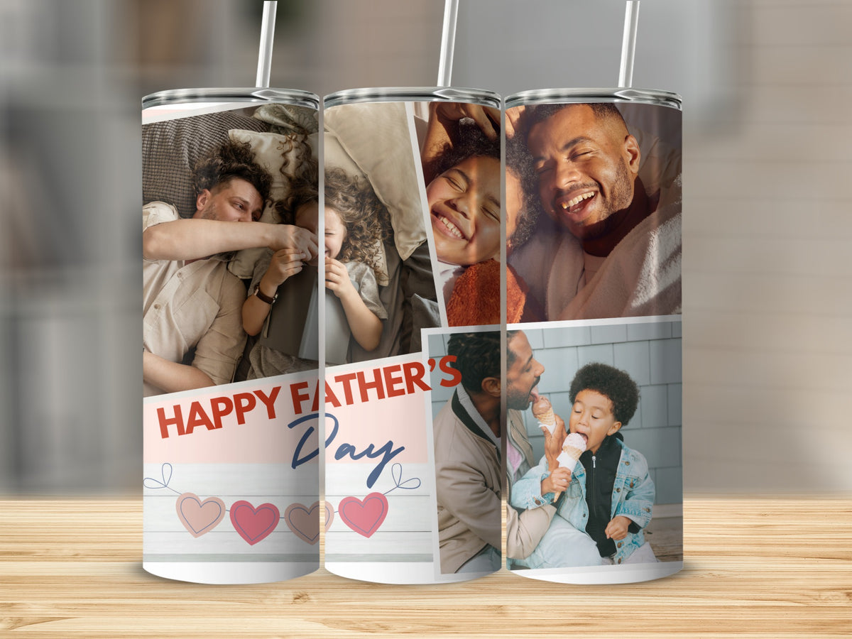 Tumbler with "Happy Father's Day" and collaged photos of fathers and children.