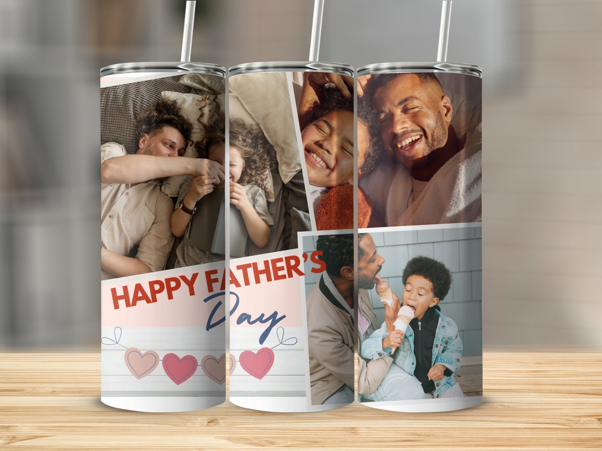 Tumbler with "Happy Father's Day" and collaged photos of fathers and children.