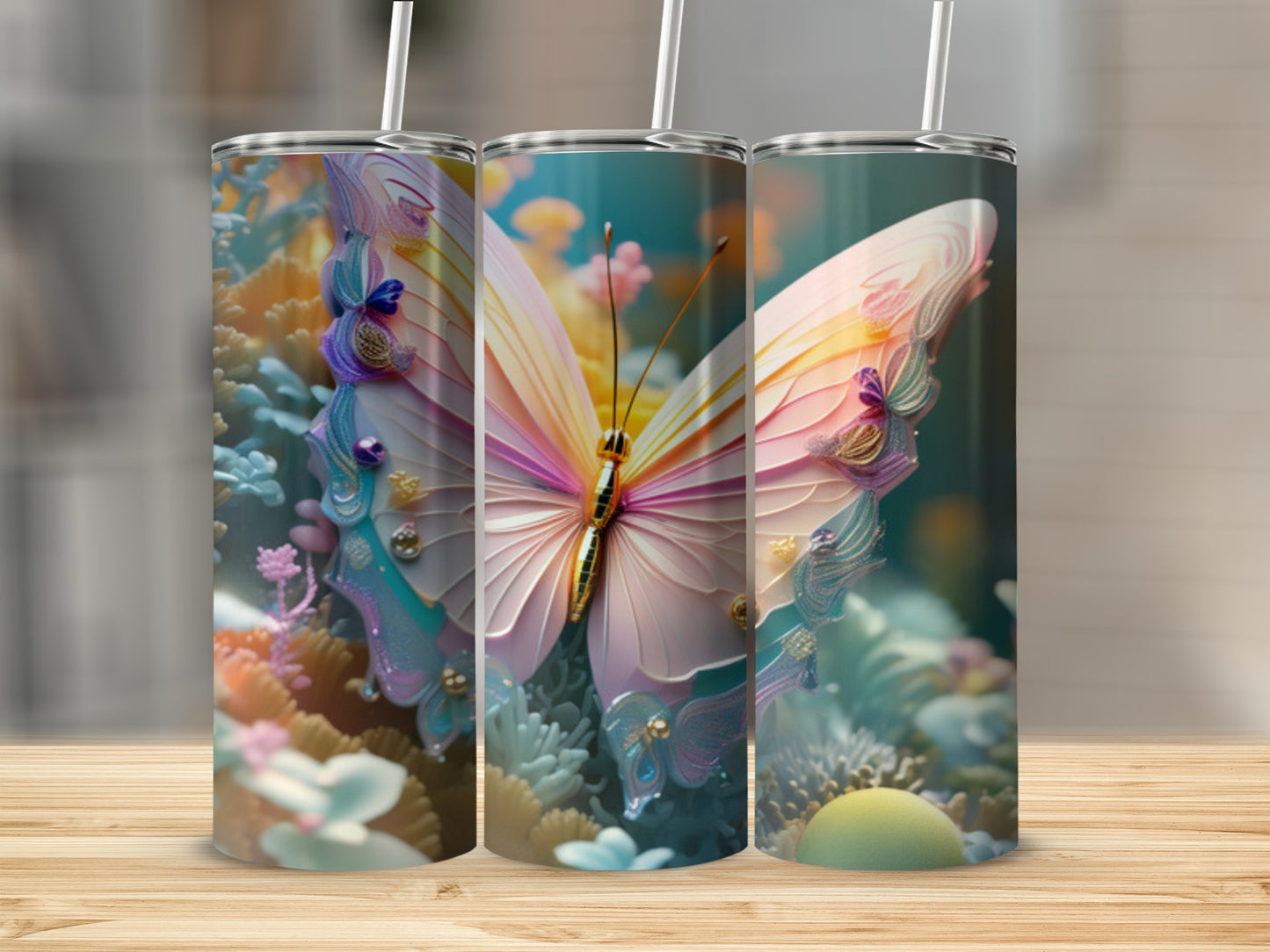 Pink and yellow butterfly design on a skinny tumbler with floral accents.