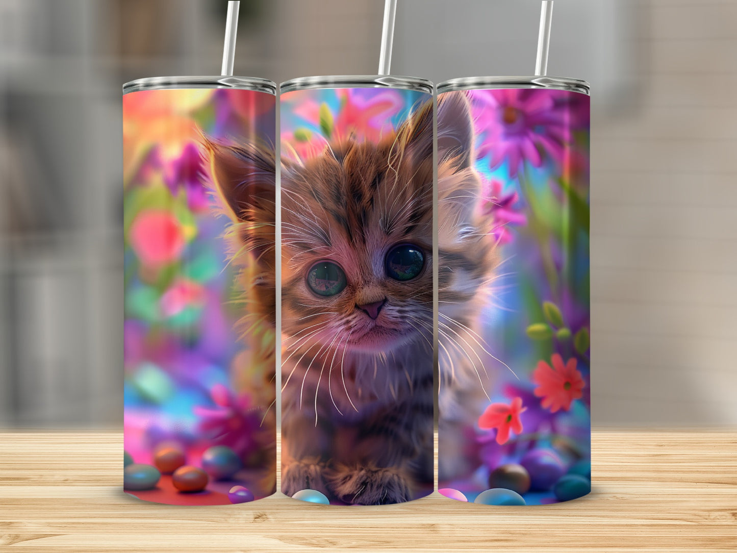 Cute kitten with big eyes on a floral background, on a tumbler.