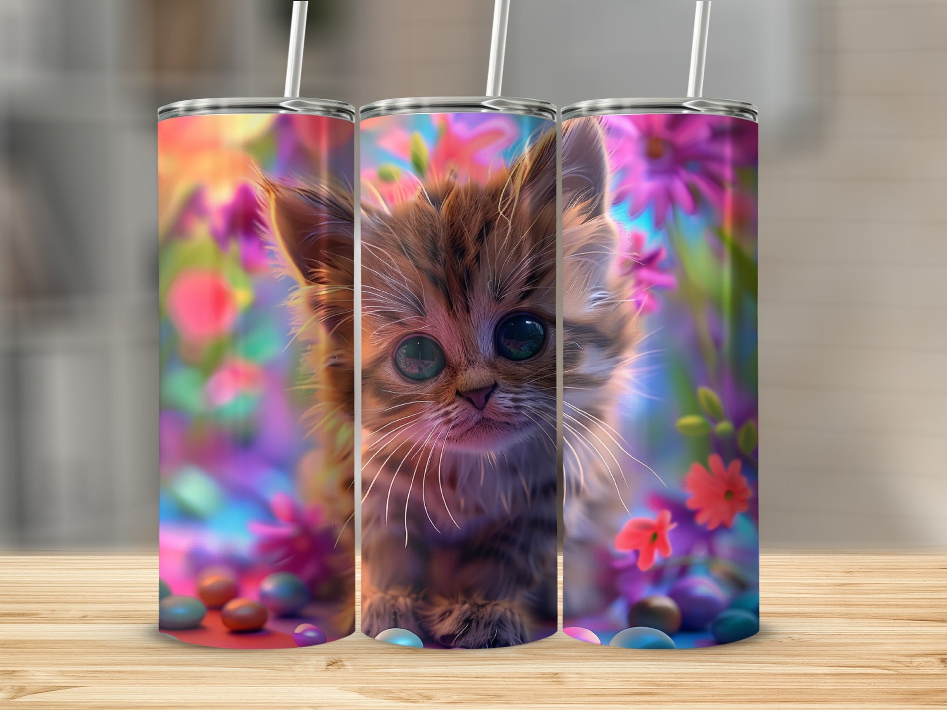 Cute kitten with big eyes on a floral background, on a tumbler.
