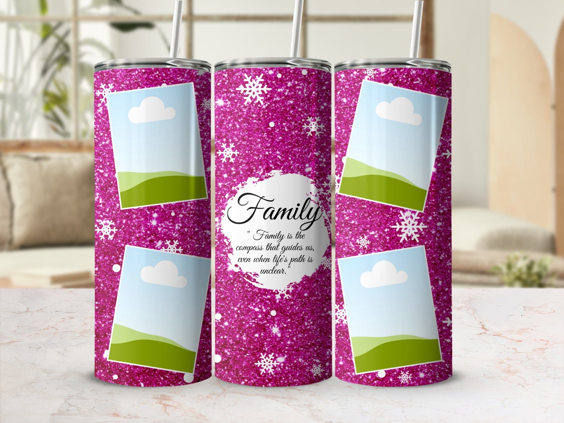 Pink glitter tumbler with snowflakes, photo placeholders, and "Family" quote.