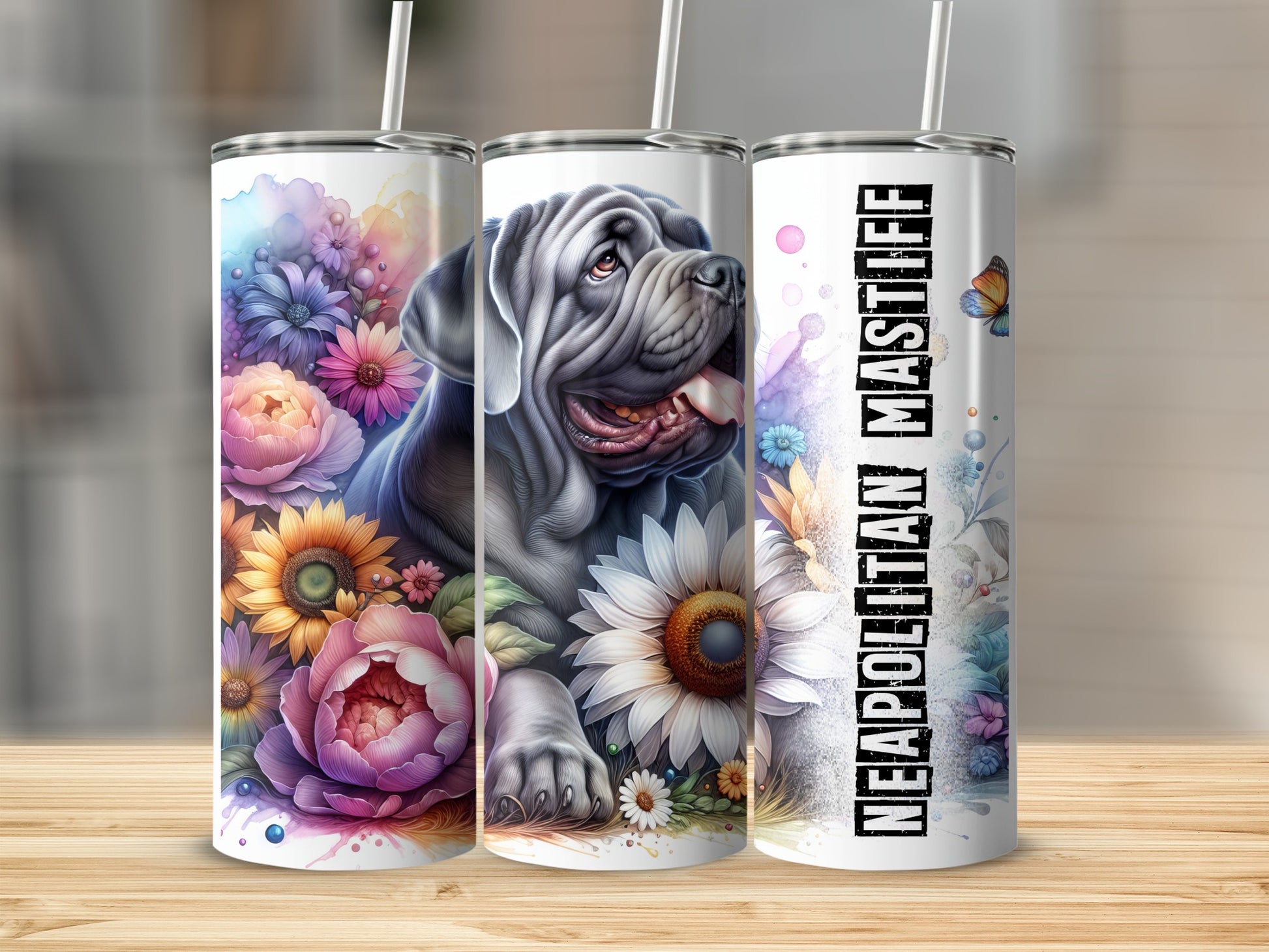 Neapolitan Mastiff with colorful flowers and text "NEAPOLITAN MASTIFF" on tumblers.