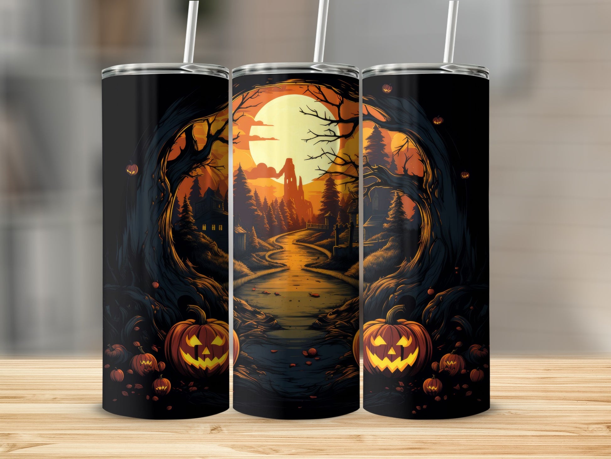 Three tumblers with a spooky Halloween forest scene and jack-o'-lanterns.
