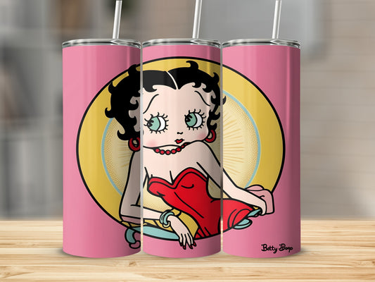 Betty Boop character illustration on pink background with straws.