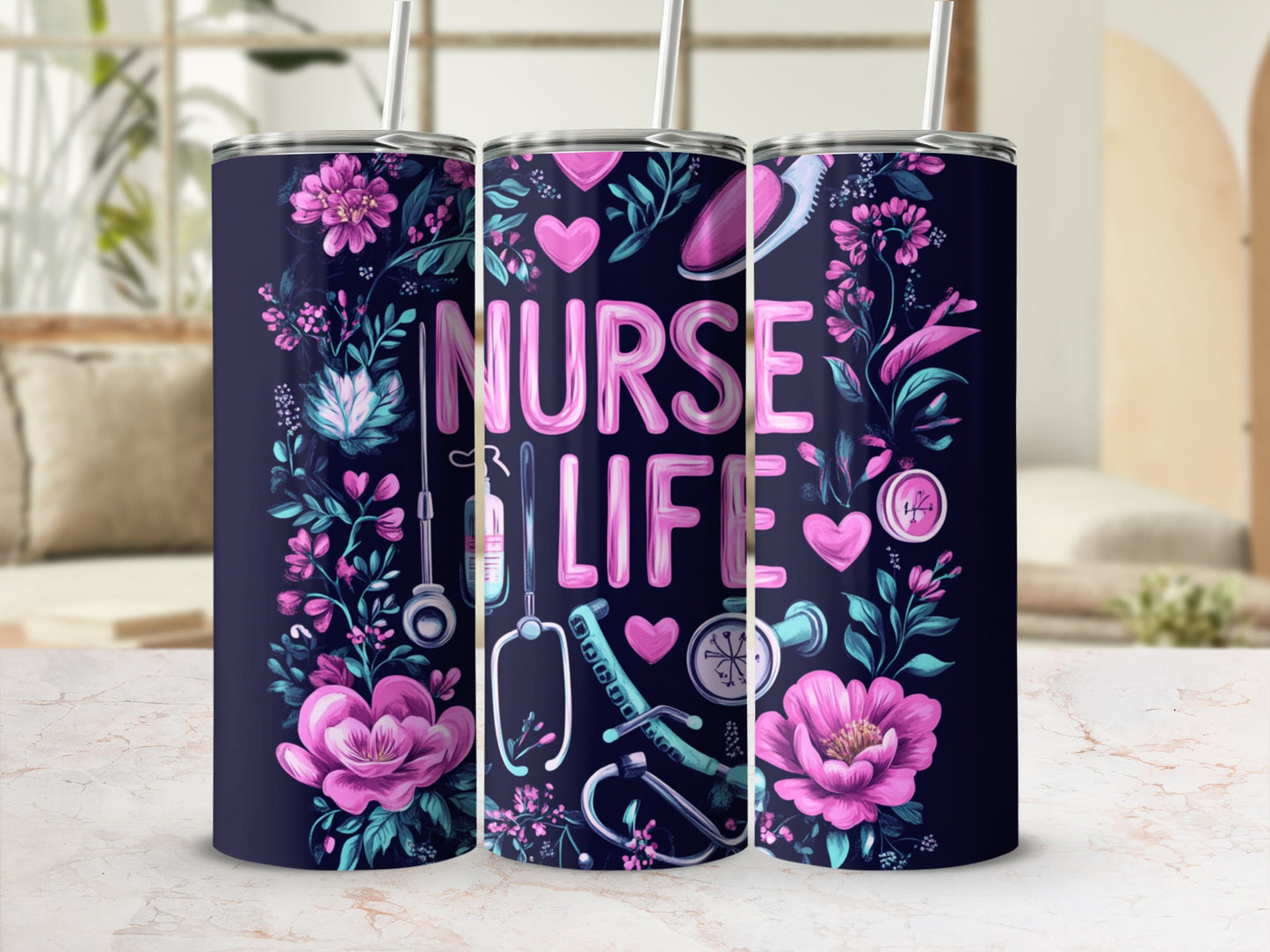 Dark blue tumbler with floral and medical stethoscope design, "Nurse Life" text.