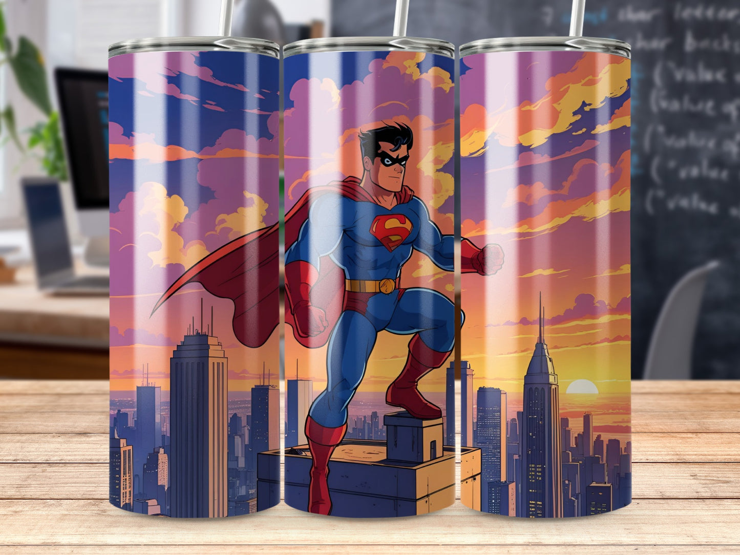 Superhero Overlooking City Against Sky Art Image Tumblers