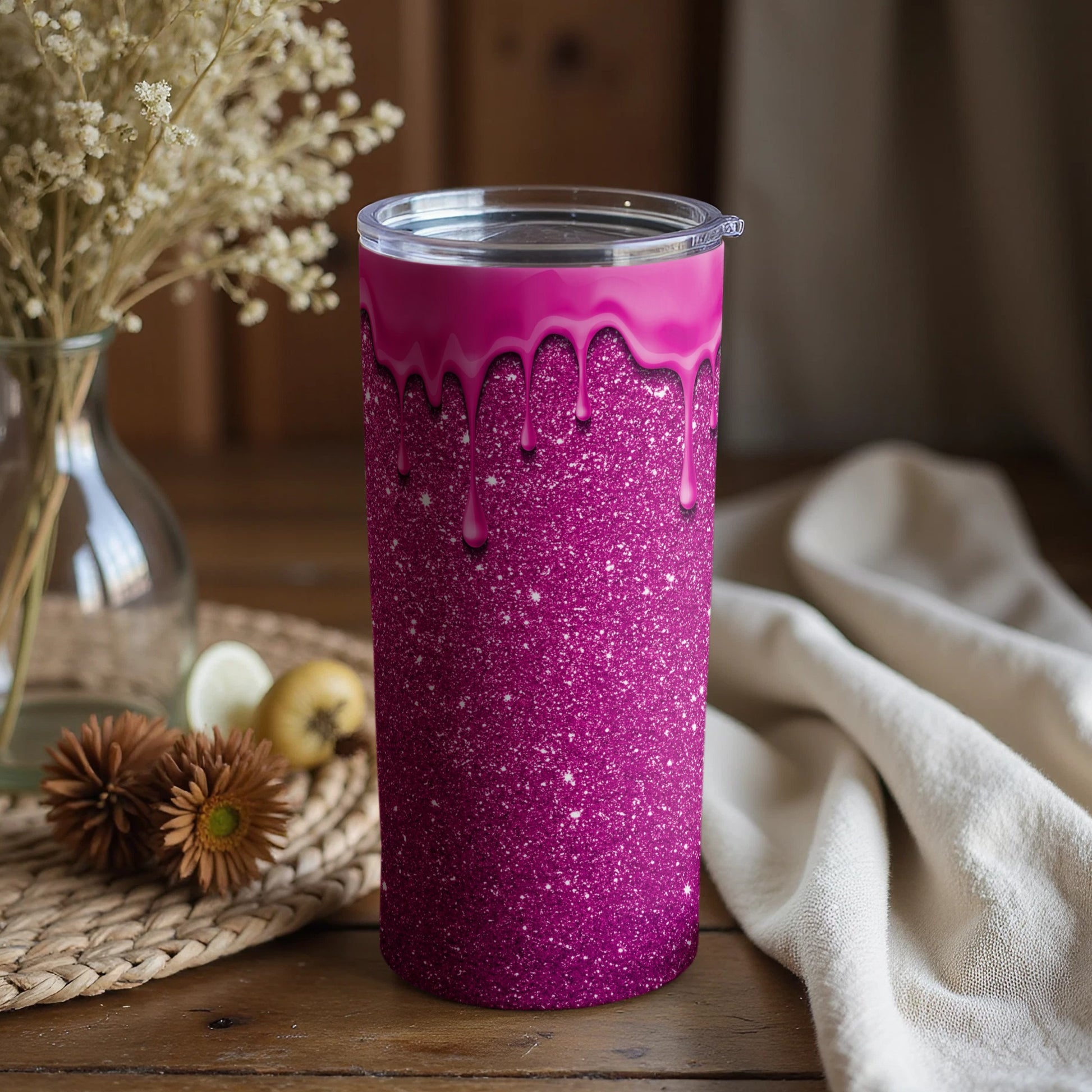 Glittery Pink Drip Effect Tumbler for Stylish Beverages