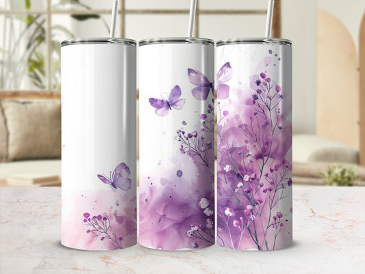 Three tumblers with purple watercolor butterflies and floral accents.