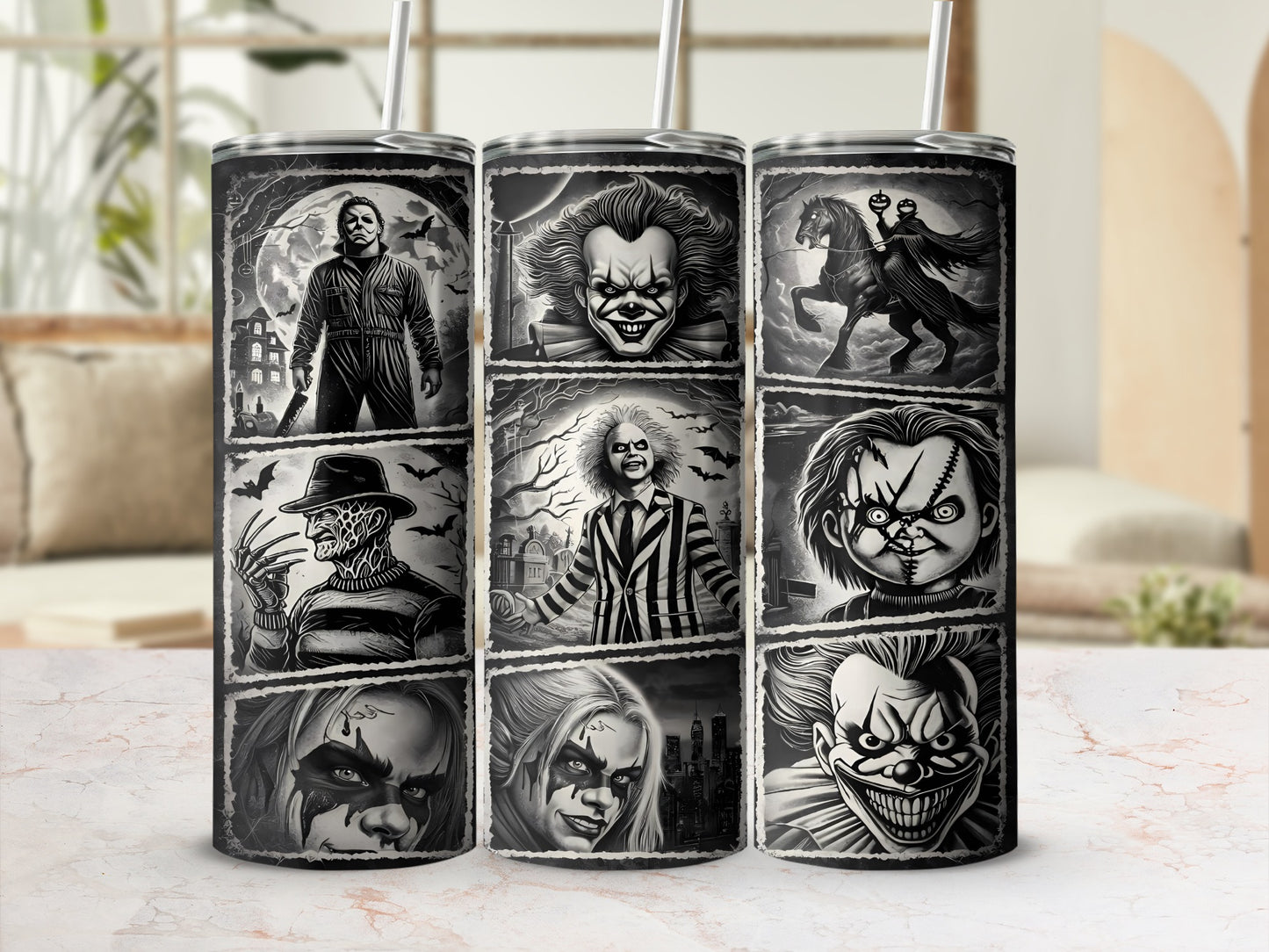 Tumbler with horror movie characters including Michael Myers, Pennywise, Freddy Krueger, and Chucky.