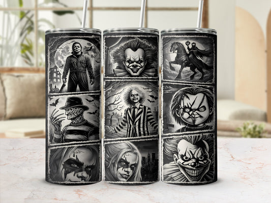 Tumbler with horror movie characters including Michael Myers, Pennywise, Freddy Krueger, and Chucky.