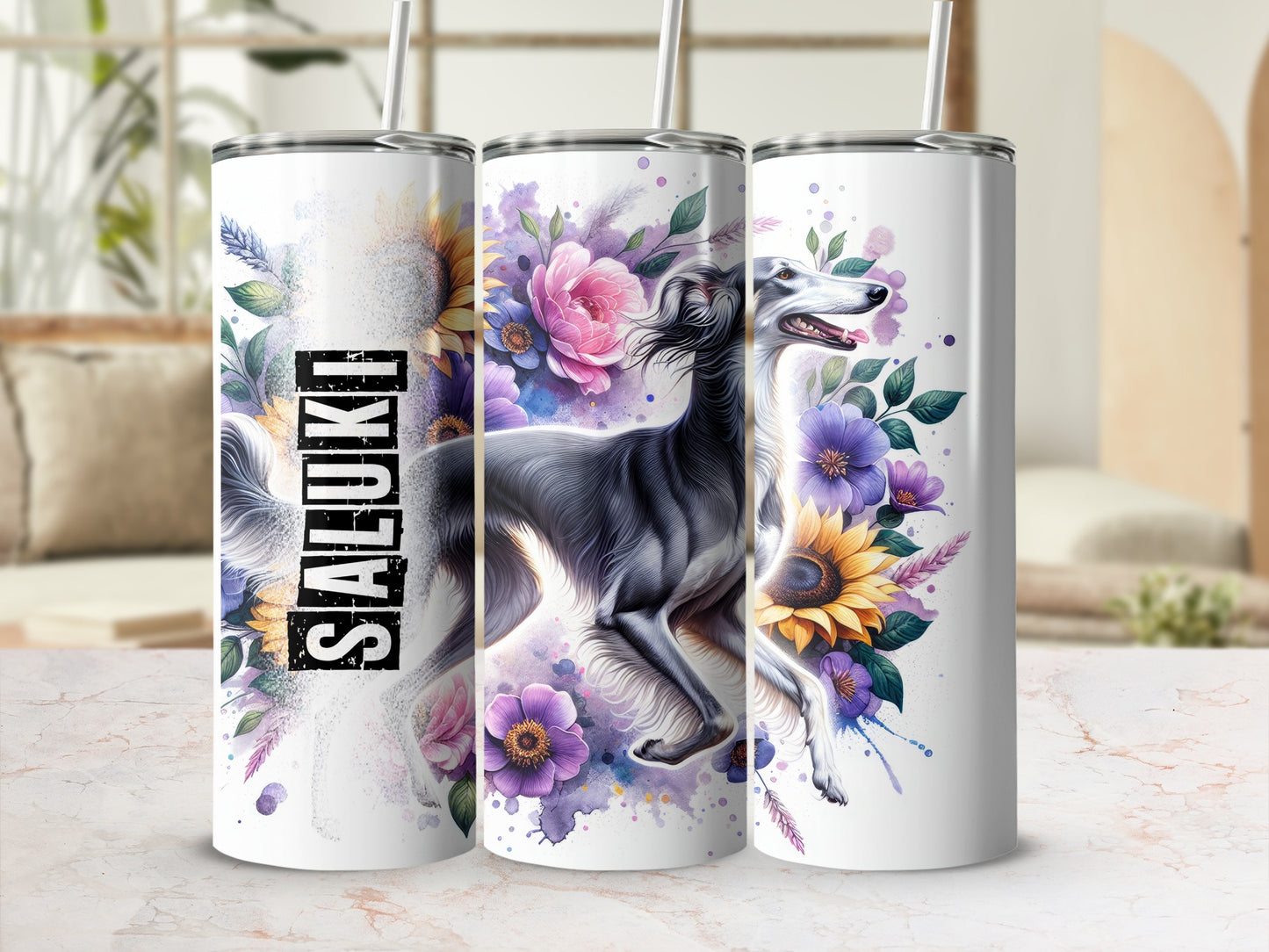 Three tumblers with a Saluki dog and floral design.