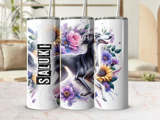 Three tumblers with a Saluki dog and floral design.