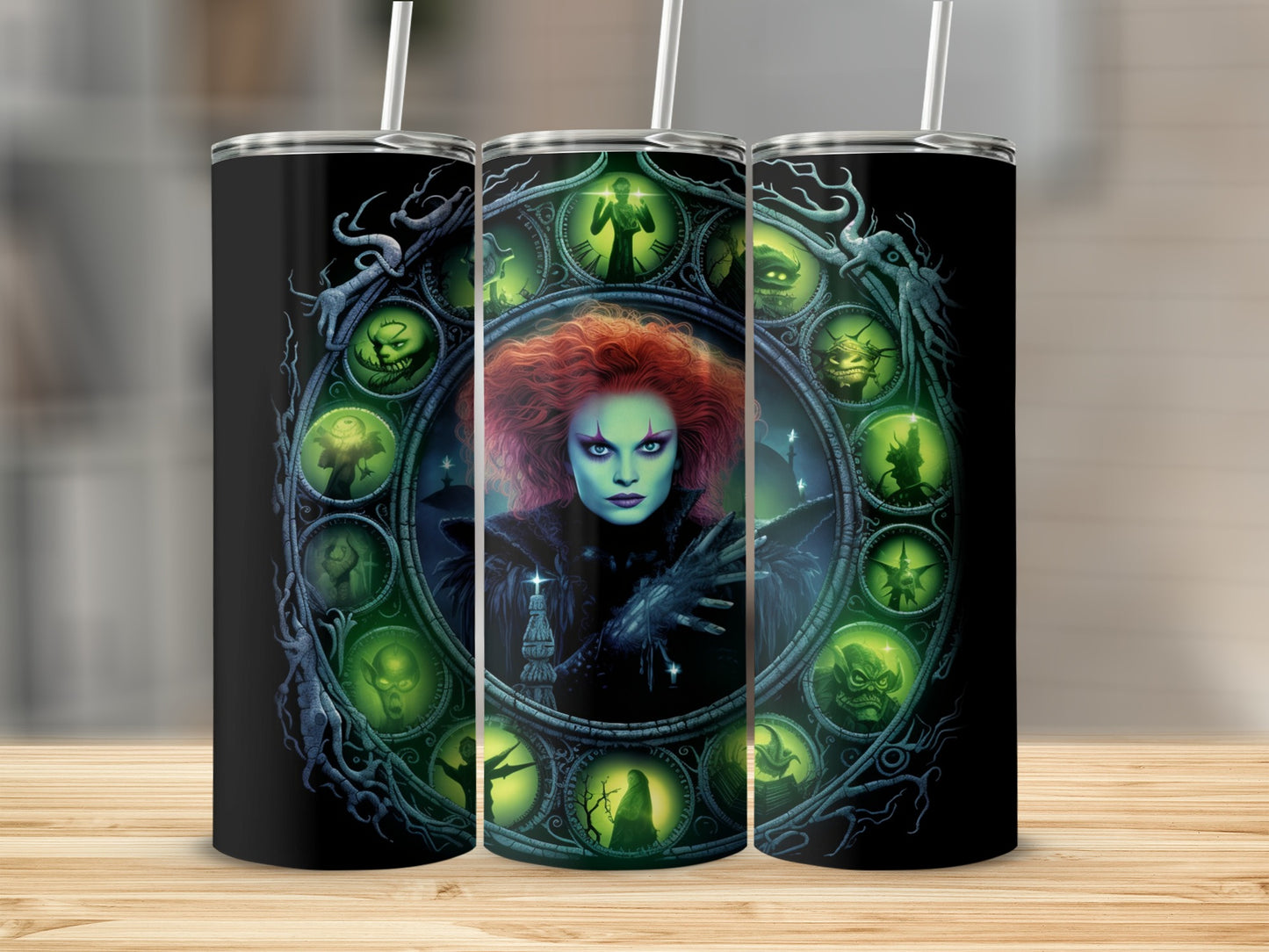 Tumbler with a spooky circular design featuring a witch and various ghoulish figures.