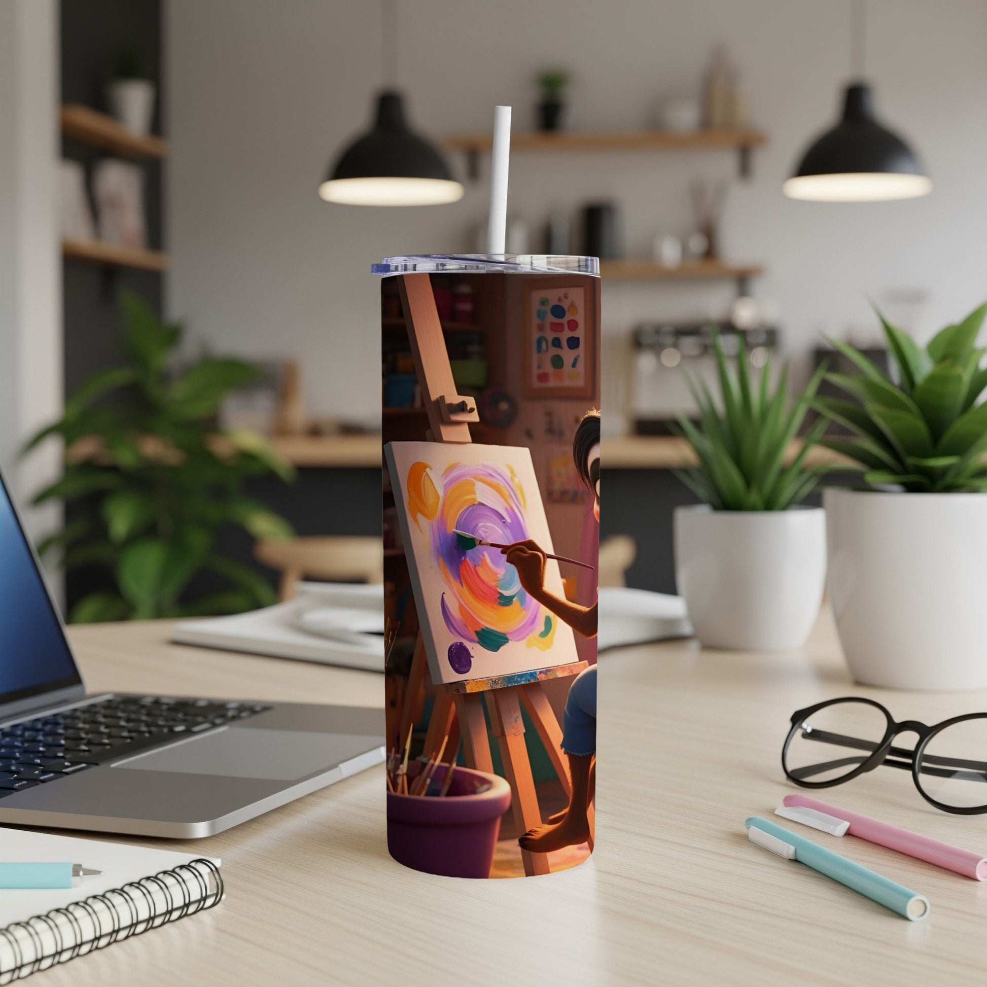Woman painting colorful abstract art on easel, tumbler on desk.