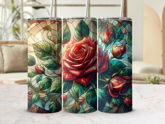 Three stained glass tumblers with a red rose and green leaf design.