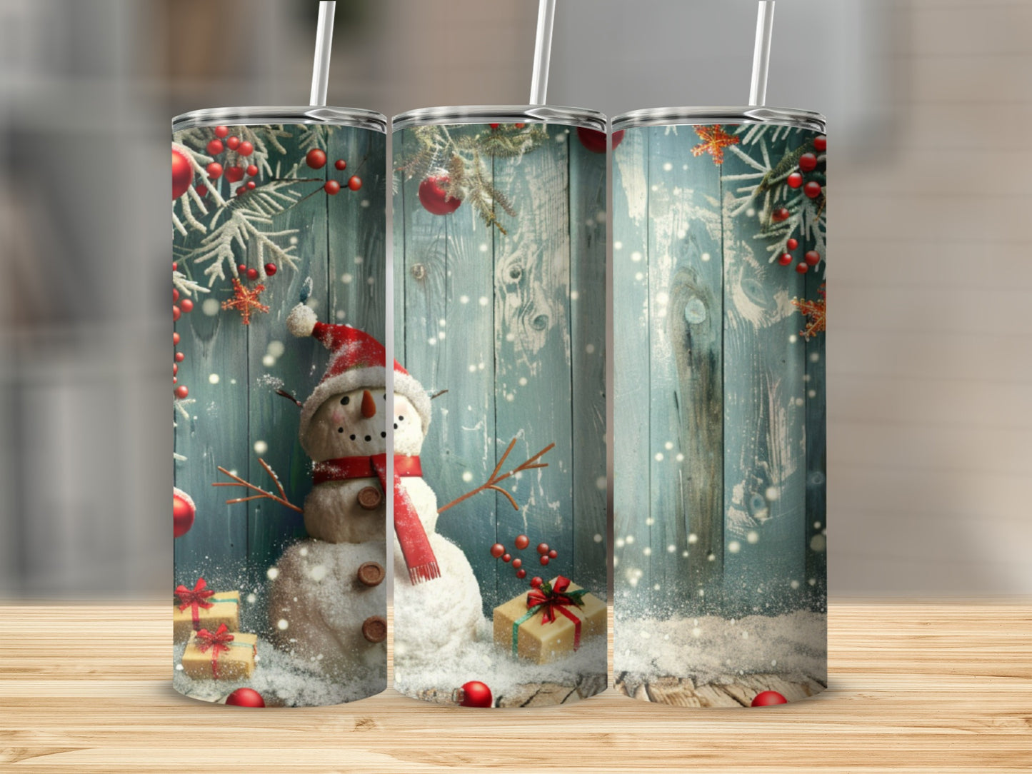 Christmas tumbler with snowman, gifts, and festive snow scene.