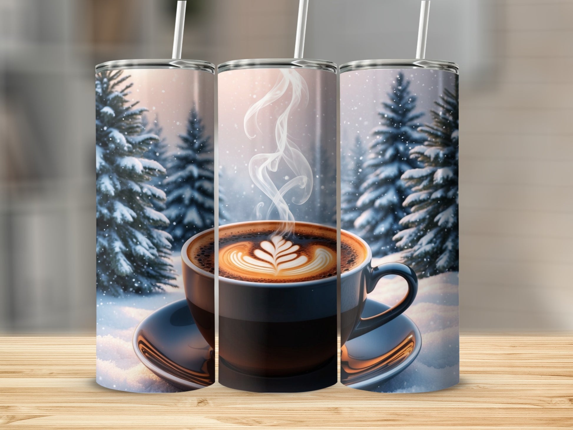 Tumbler with steaming coffee and snowy pine trees.