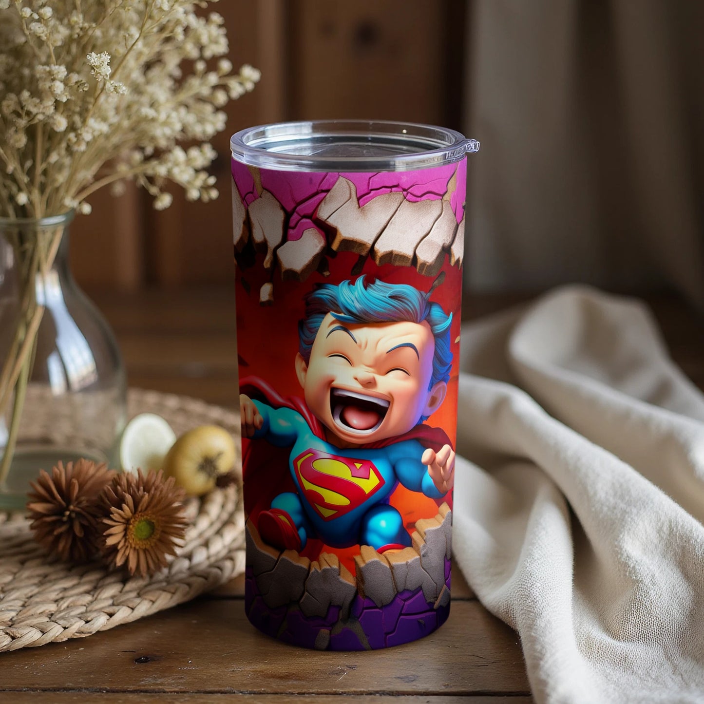 Superhero Kid Illustrated Travel Tumbler for Drinks
