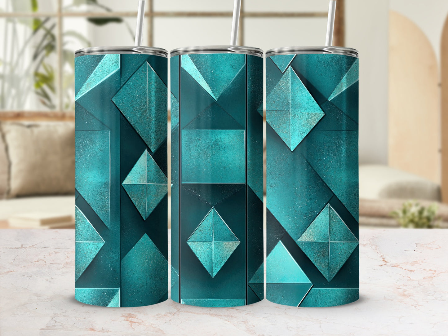 Teal Geometric Shapes Design Aqua and Turquoise Tumblers