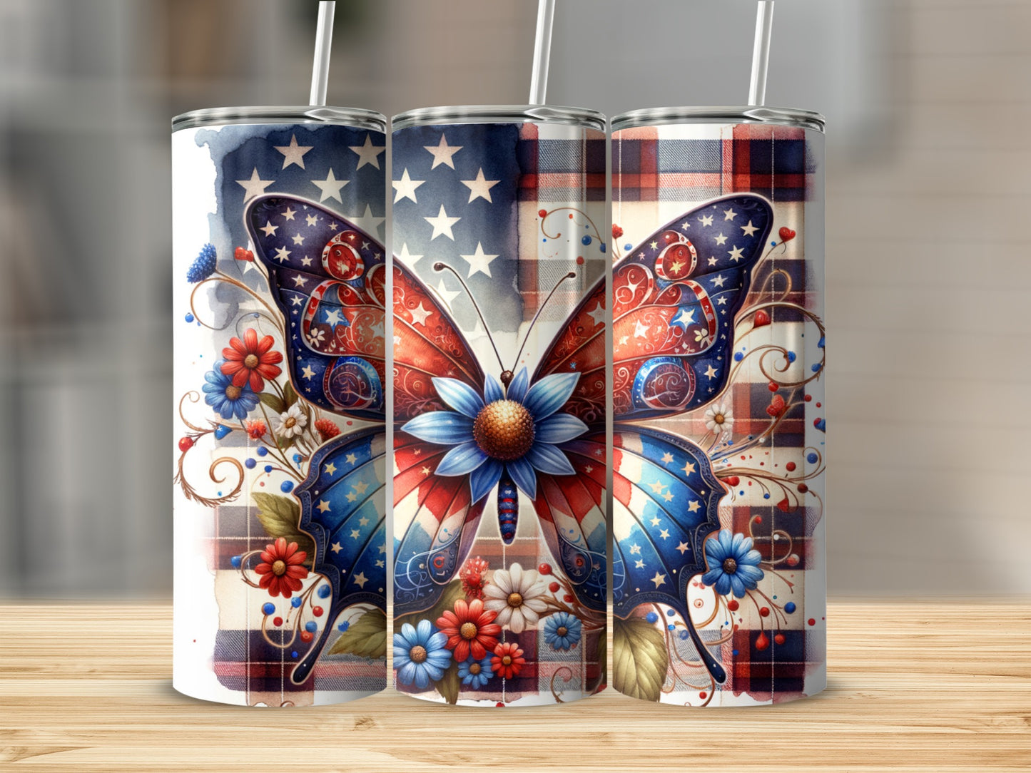 Patriotic butterfly with American flag wings on a tumbler with floral accents.