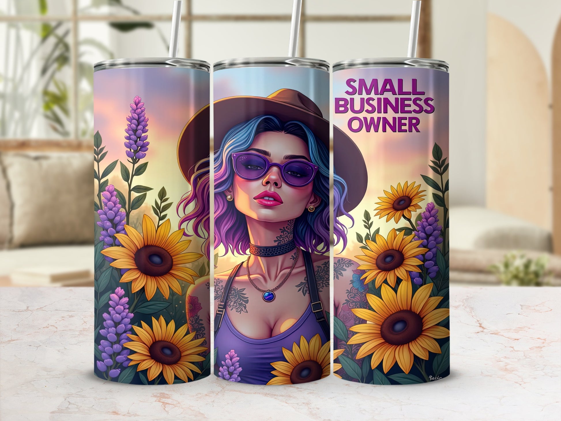 Sunflower and lavender tumbler with "Small Business Owner" text.