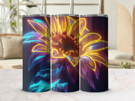 Sunflower tumbler with neon glow effect and straw.