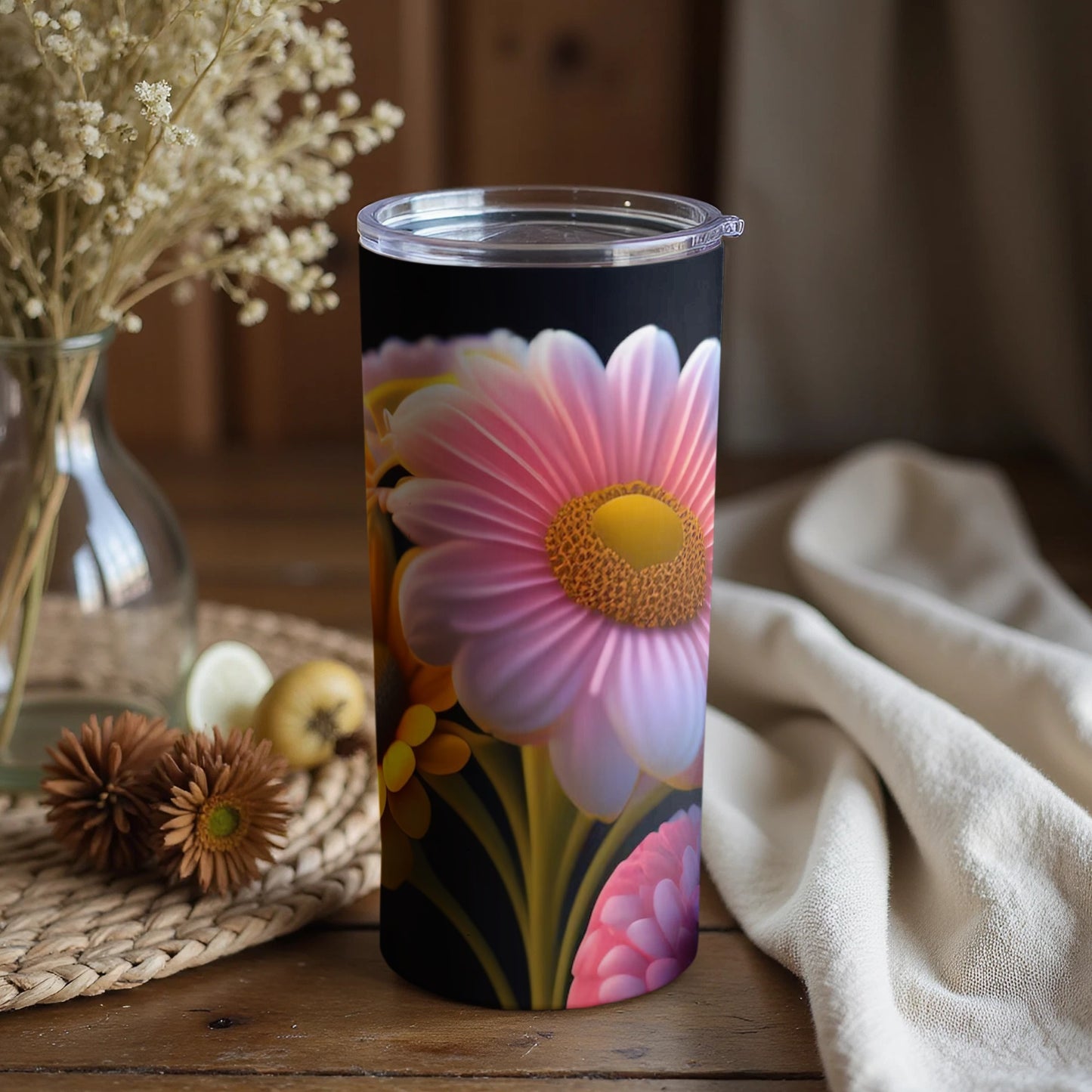 Pink And Yellow Flower Print Travel Tumbler