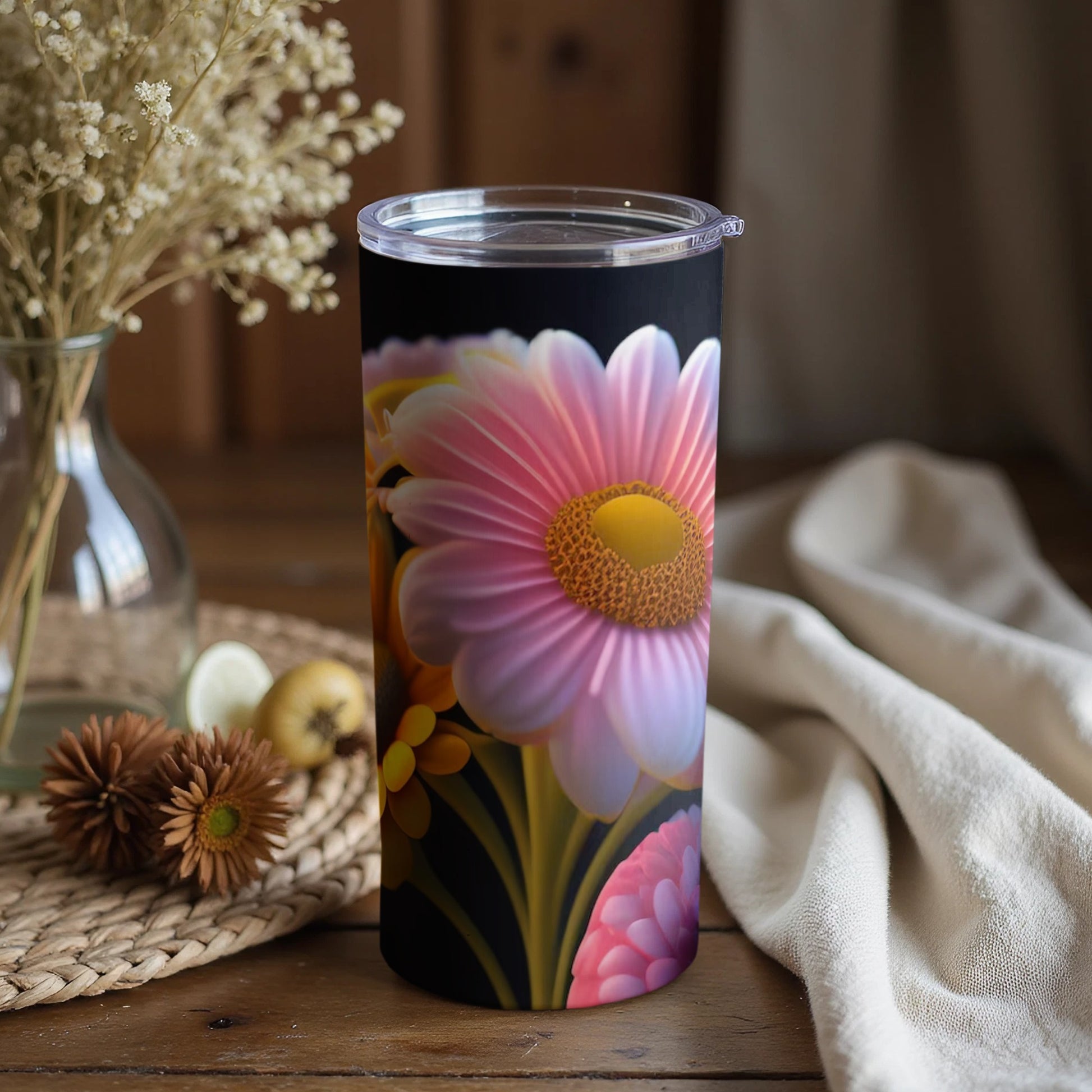Pink And Yellow Flower Print Travel Tumbler