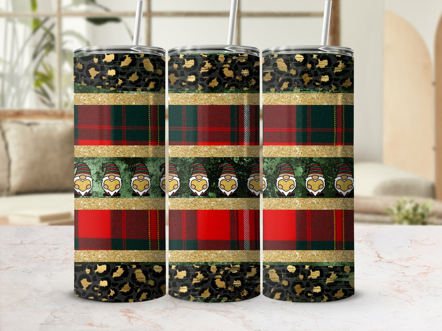 Three tumblers with plaid and leopard print featuring gnome faces.