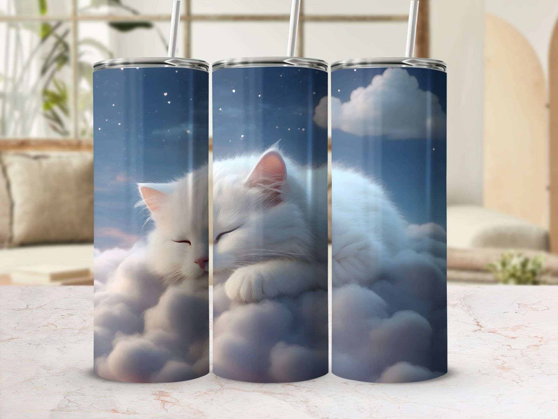 White cat sleeps peacefully on clouds under a starry night sky.