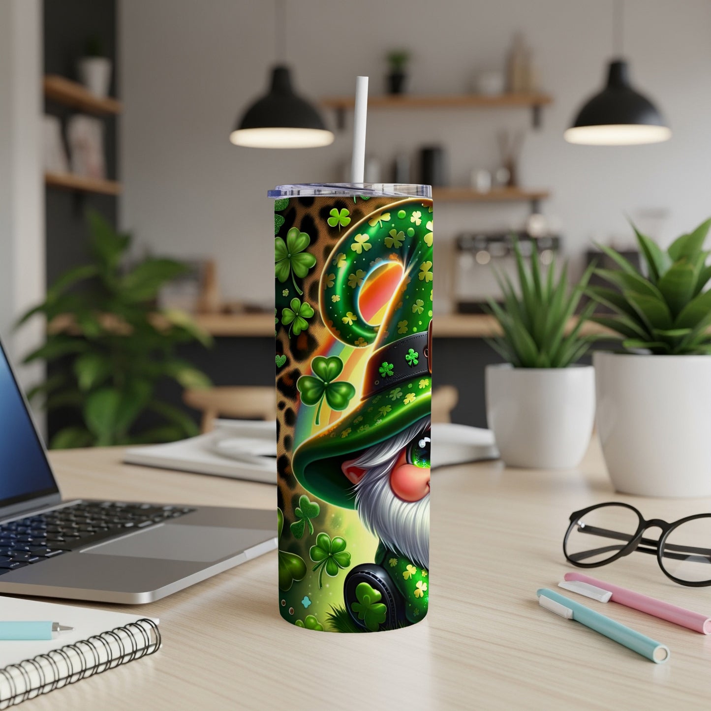 Leprechaun with clovers and leopard print on a green tumbler.