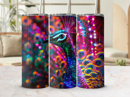 Colorful peacock design on a tall, slender tumbler with a straw.