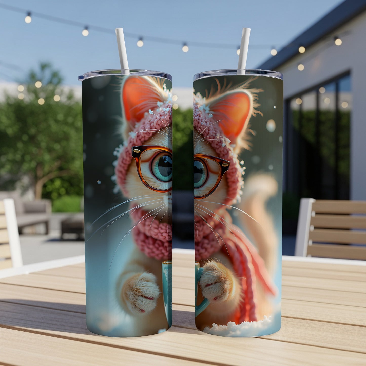 Two tumblers with a cute cat wearing a pink hat and scarf.