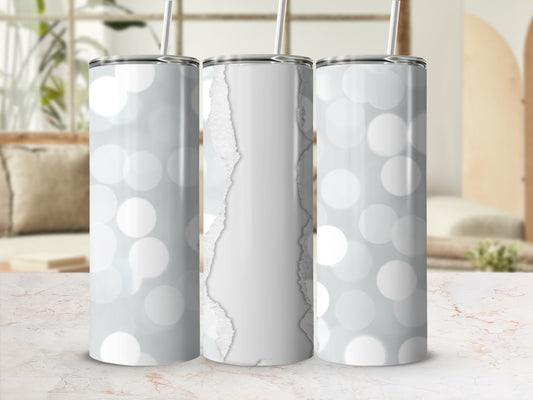 Three white tumblers with distressed paper texture, bokeh background.