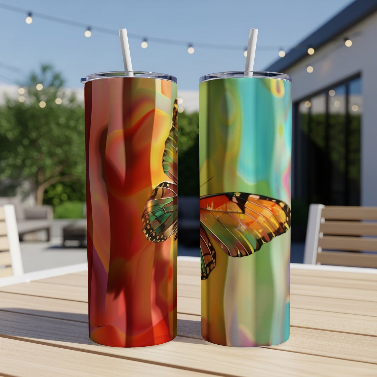 Two tumblers with colorful abstract backgrounds and butterfly graphics.