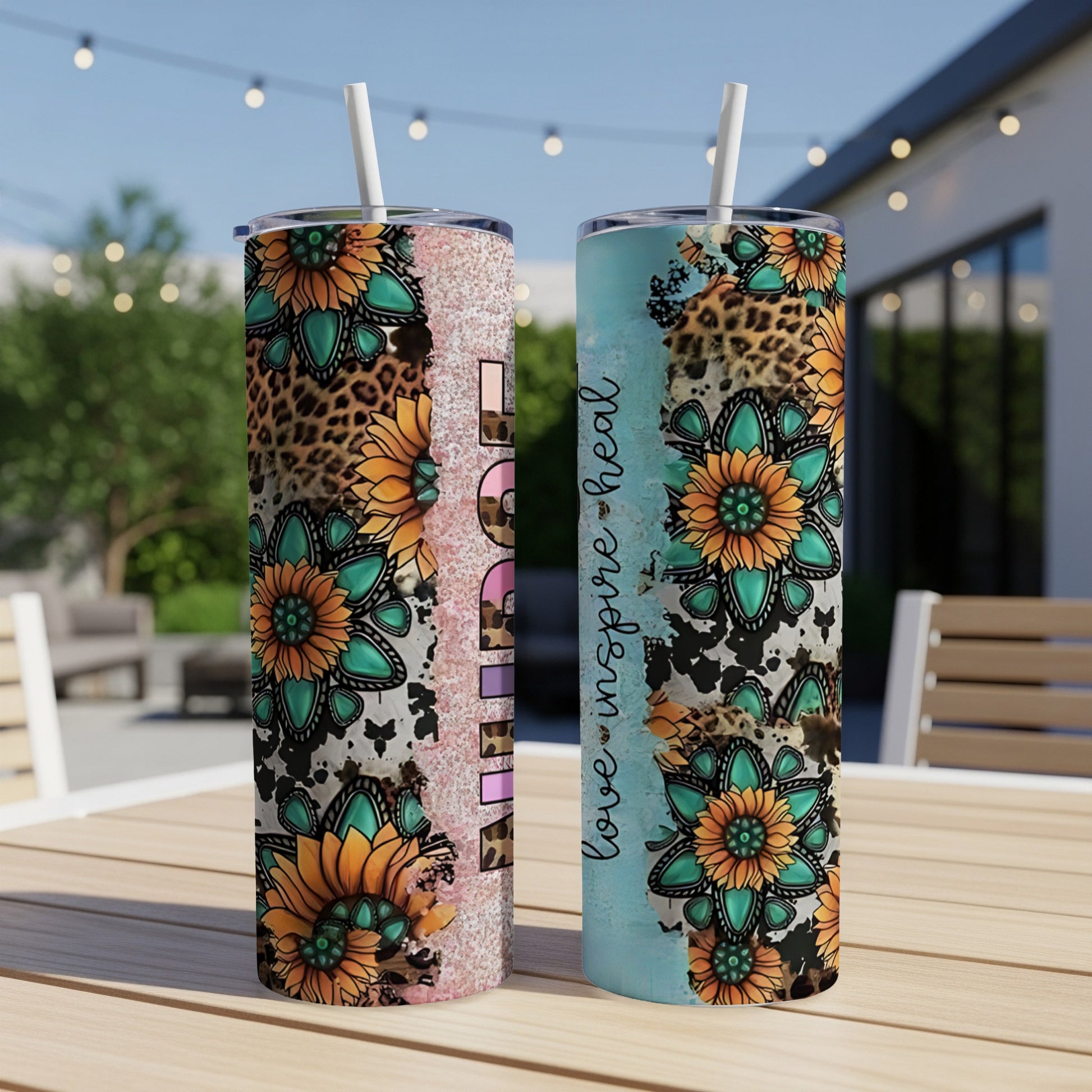 Two floral tumblers with leopard print and inspirational text.