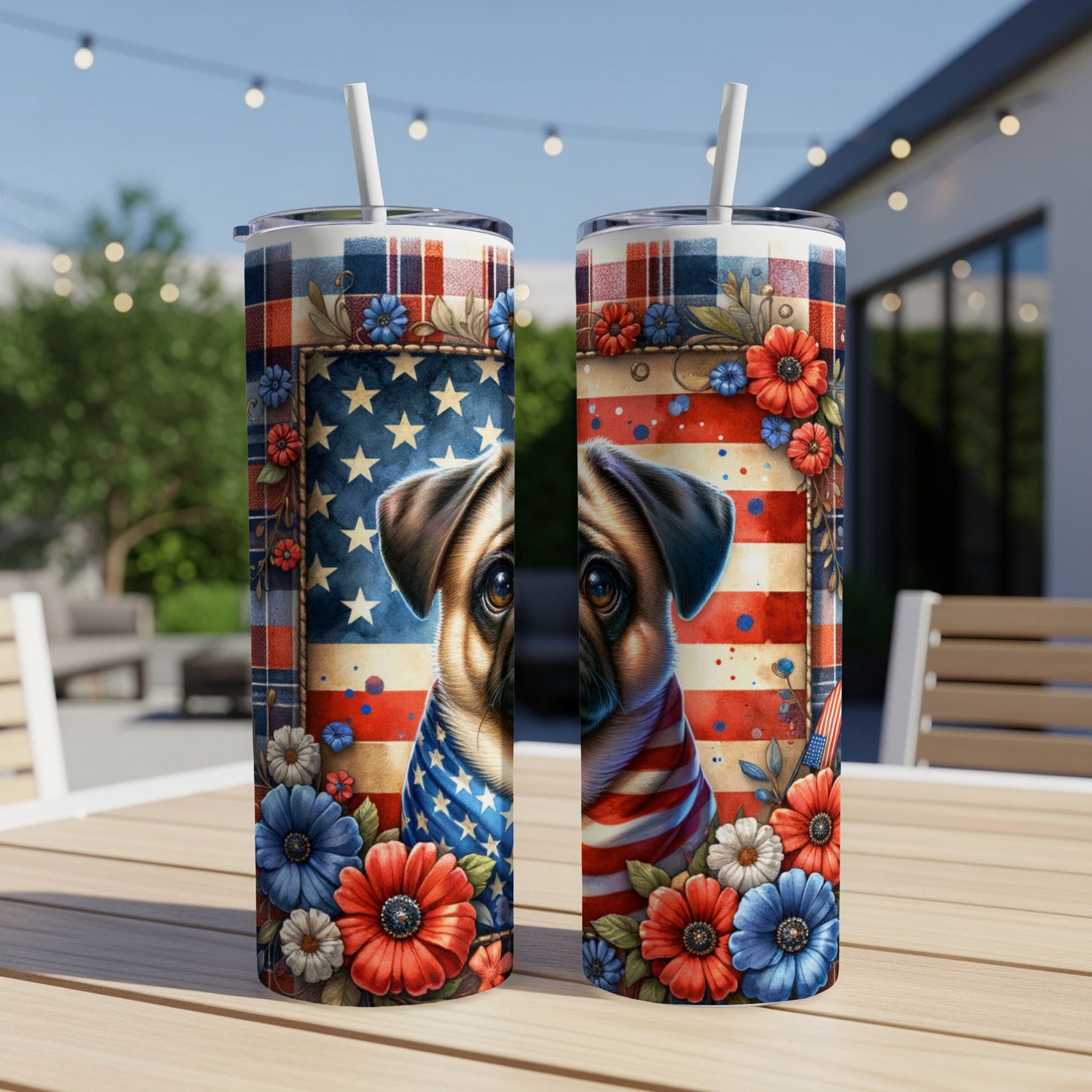 Pug wearing patriotic bandana between floral American flag design on two tumblers.
