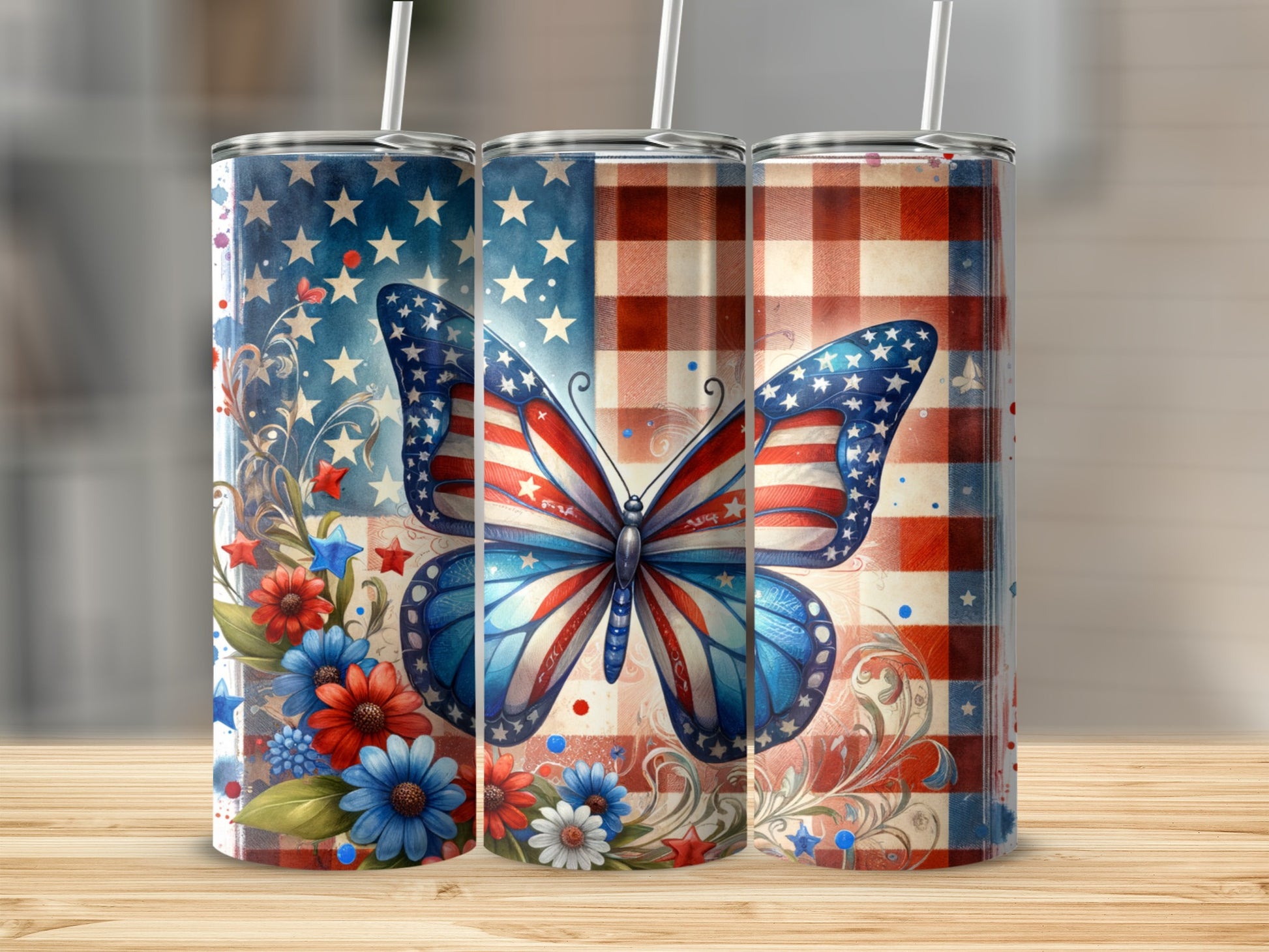American flag butterfly and floral patriotic tumbler designs.
