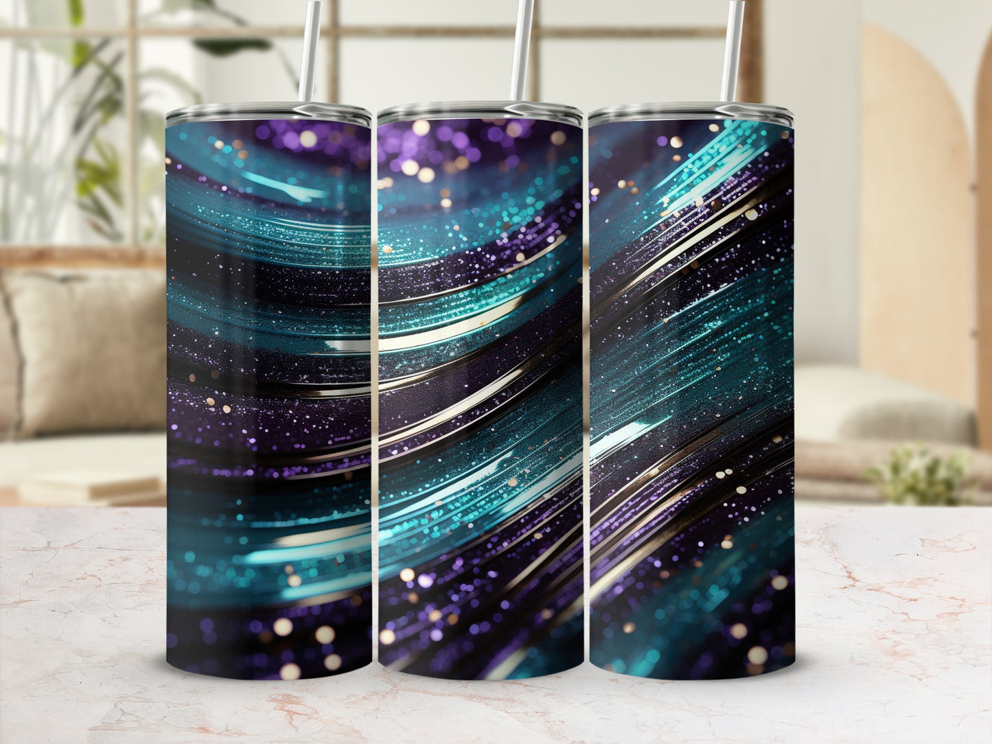 Teal purple glitter swirl abstract tumbler product type