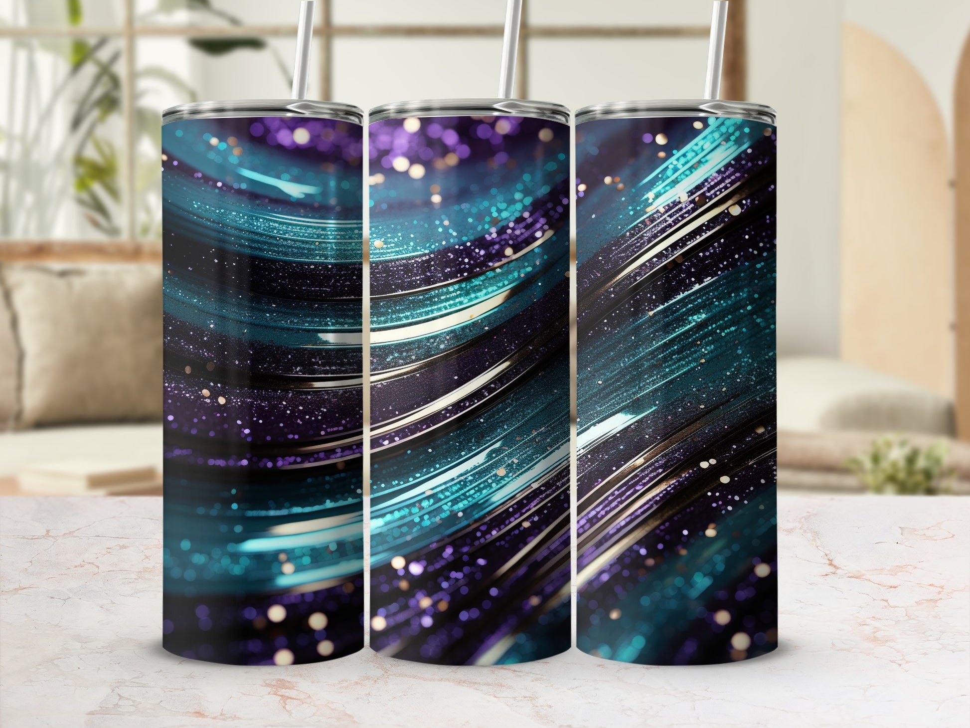Teal purple glitter swirl abstract tumbler product type