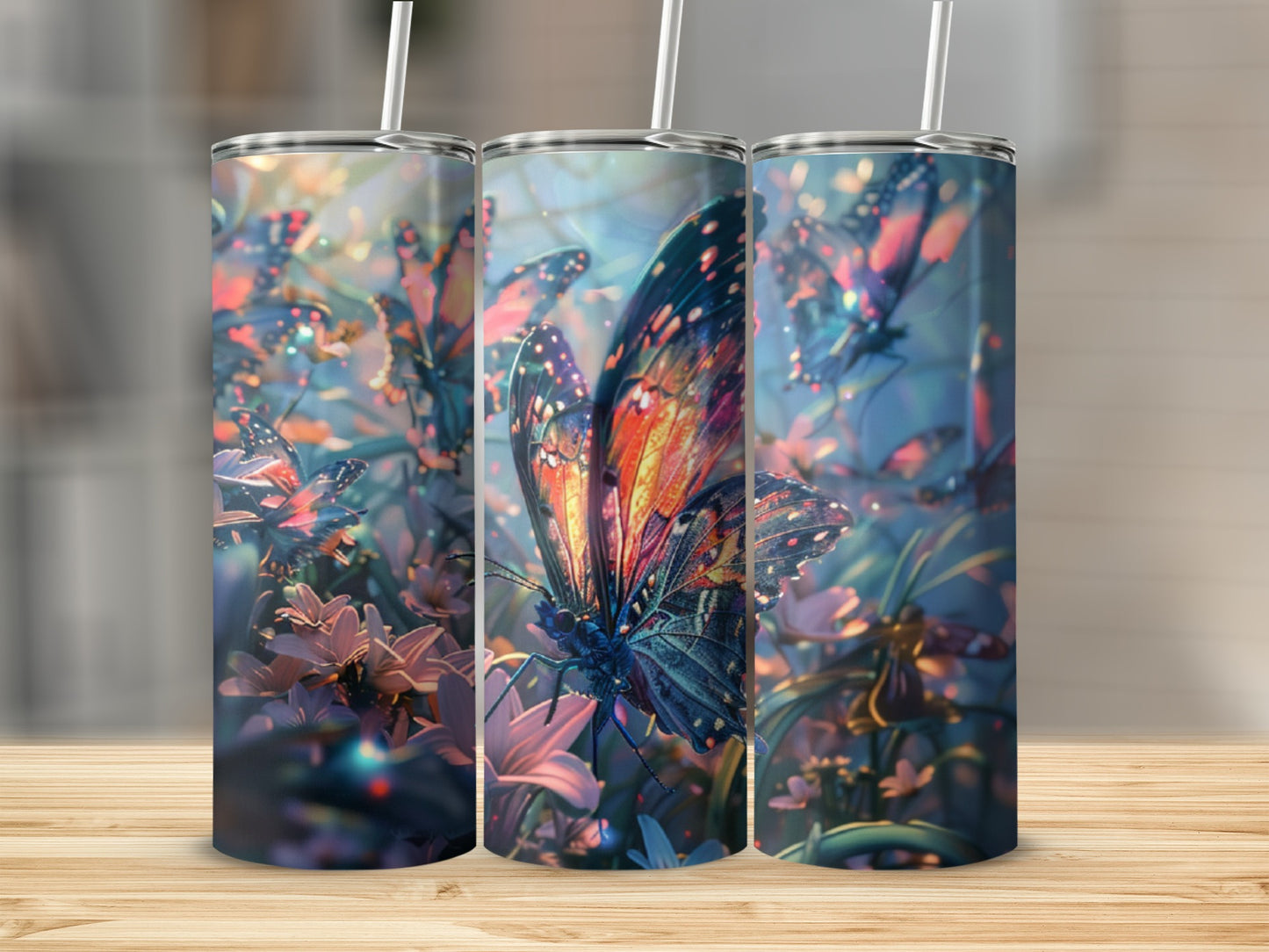 Three tumblers featuring colorful butterflies and flowers in a bokeh background.