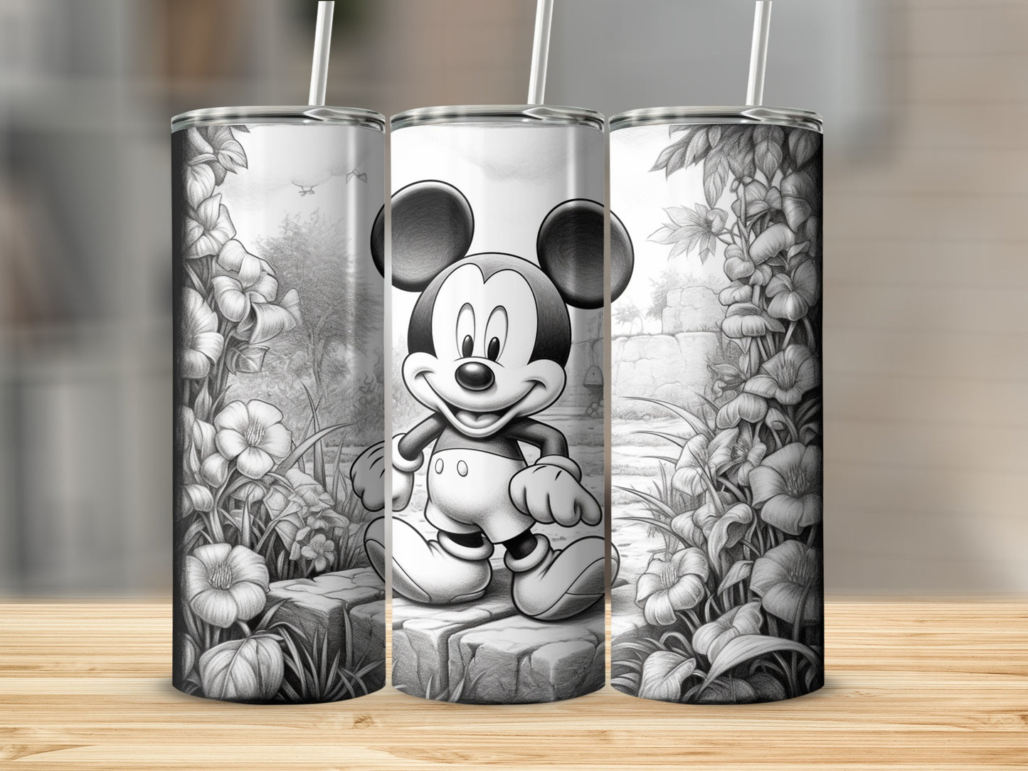 Monochrome Mickey Mouse Floral Tumbler for Disney Fans