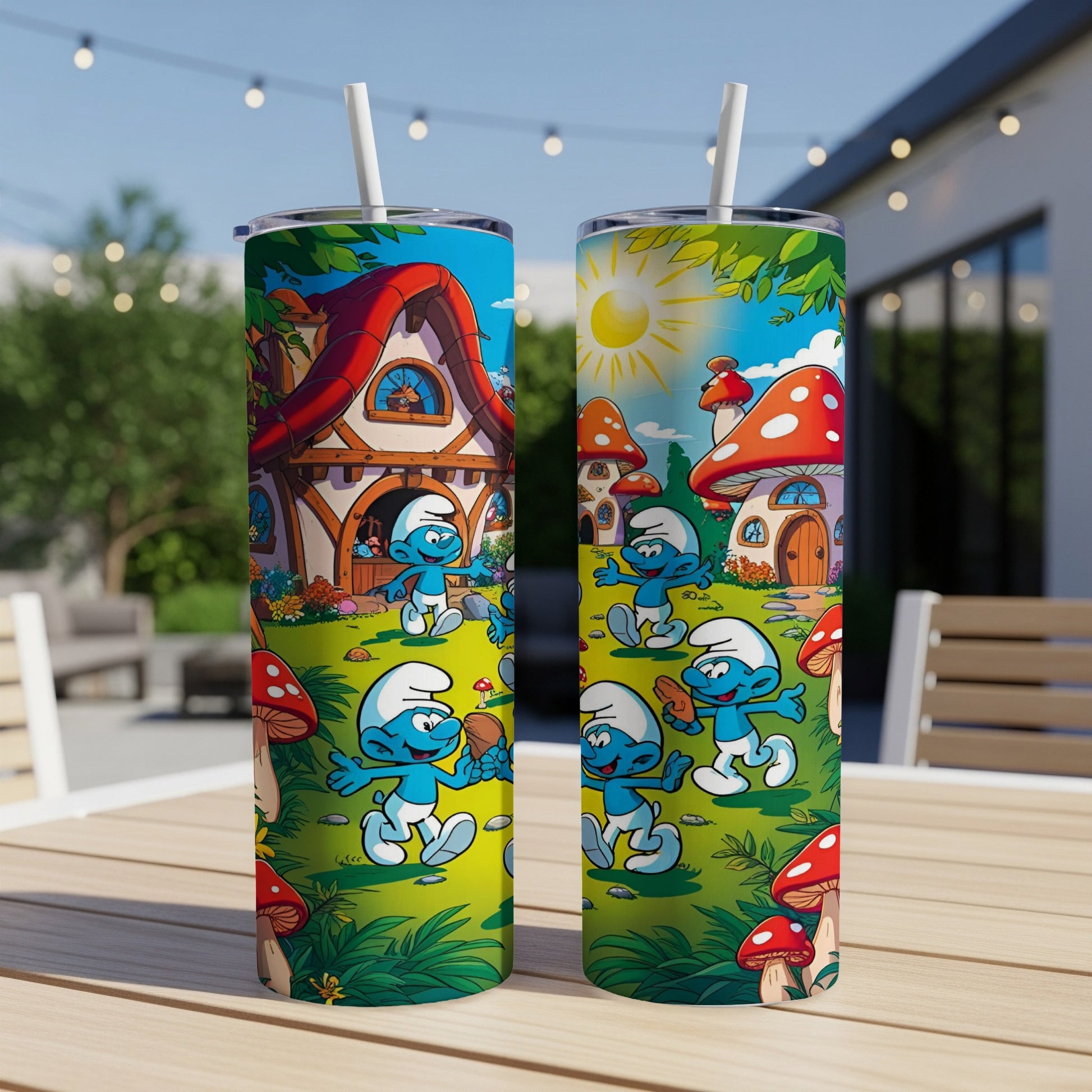 Smurfs with mushrooms and houses in a grassy landscape.