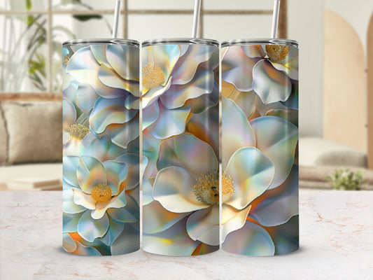 Three tumblers with a painterly floral design featuring pale blue and white petals.