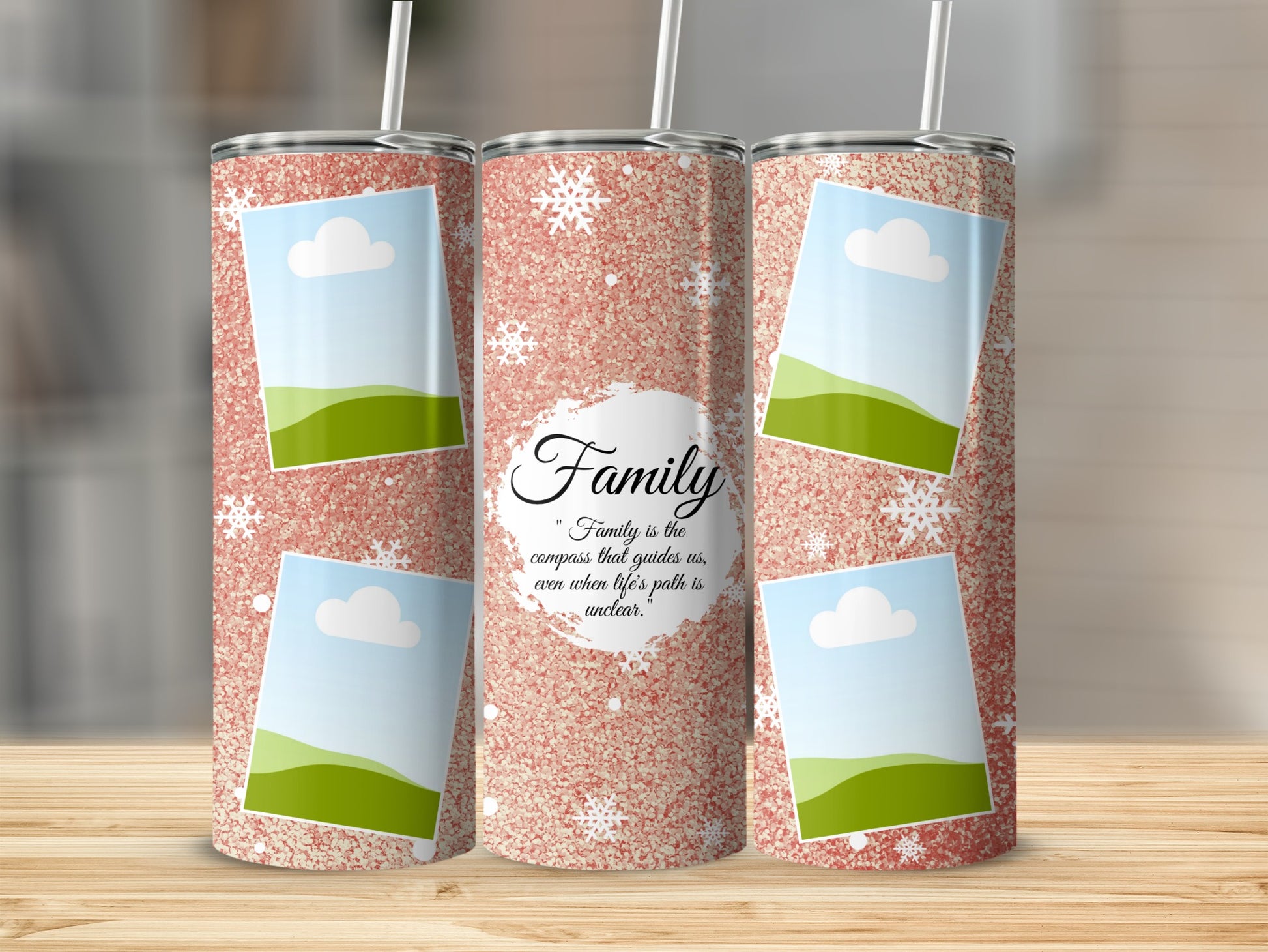 Glittery pink tumblers with snowflake accents and photo frames, featuring "Family" quote.
